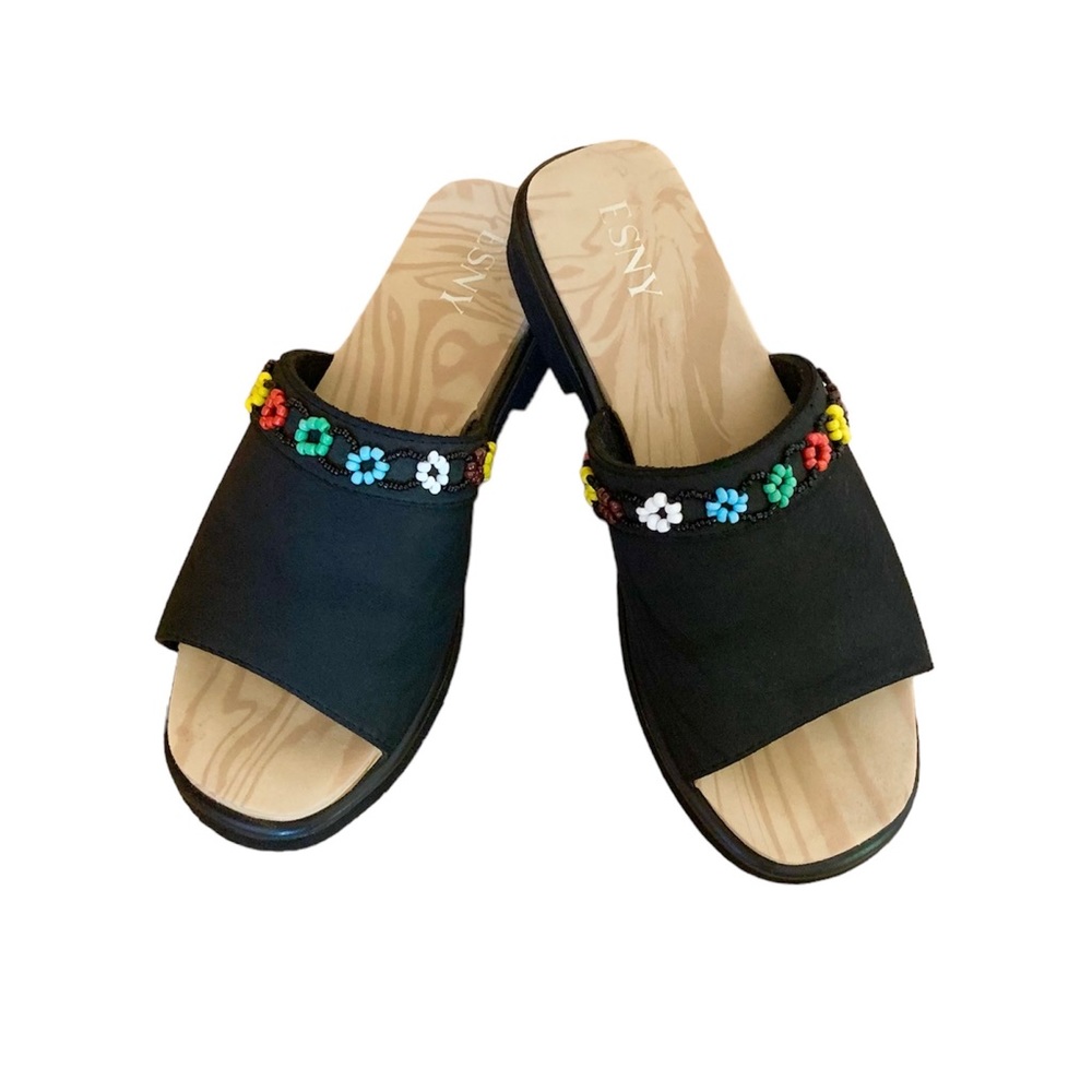 ESNY Slide on Black & Floral Beaded Sandals, Adorable, Size 8.5.